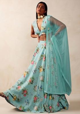Mint Green Printed Satin Lehenga Set