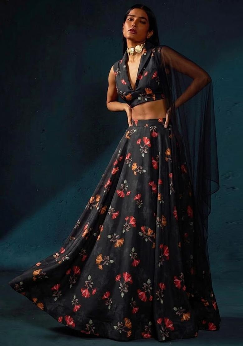 Jet Black Printed Satin Lehenga Set - Indya