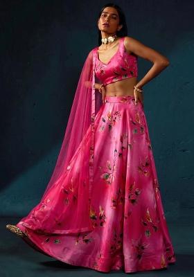 Dark Pink Printed Satin Lehenga Set