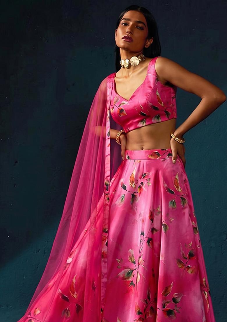 Dark Pink Printed Satin Lehenga Set - Indya