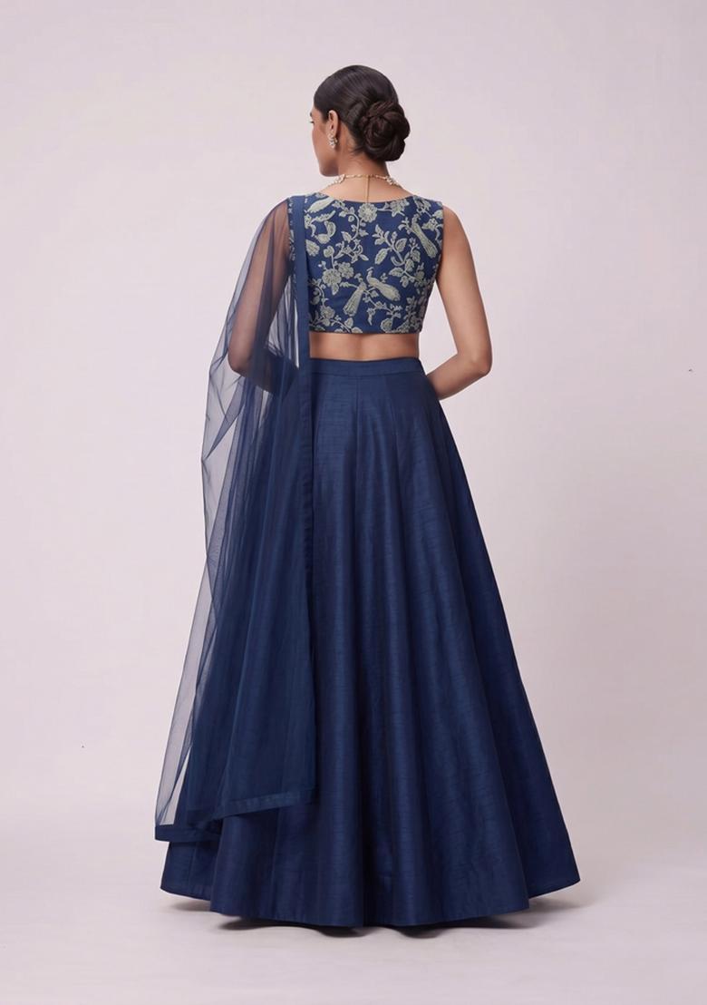 Navy Blue Printed Crepe Lehenga Set - Indya