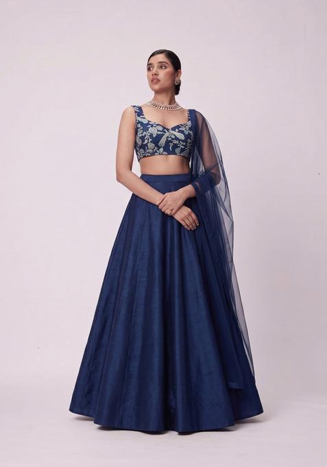 Navy Blue Printed Crepe Lehenga Set