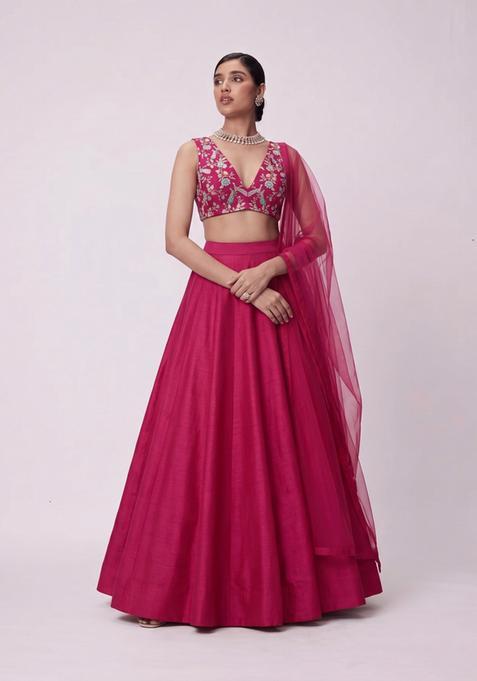 Rani Pink Printed Crepe Lehenga Set