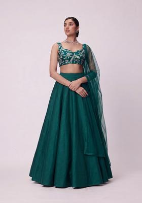 Bottle Green Printed Crepe Lehenga Set