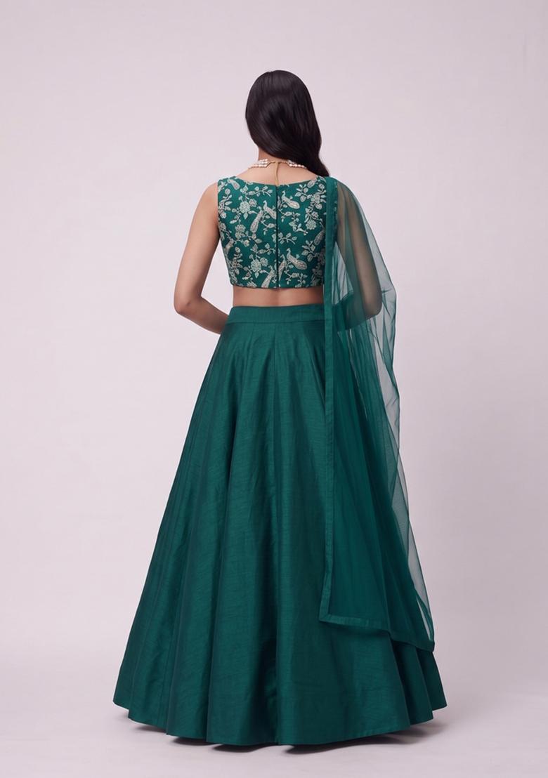 Bottle Green Printed Crepe Lehenga Set - Indya