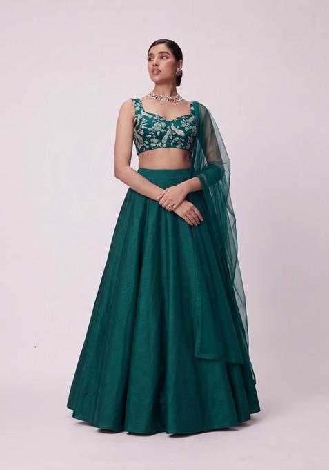 Bottle Green Printed Crepe Lehenga Set