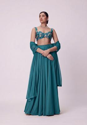 Teal Printed Crepe Lehenga Set