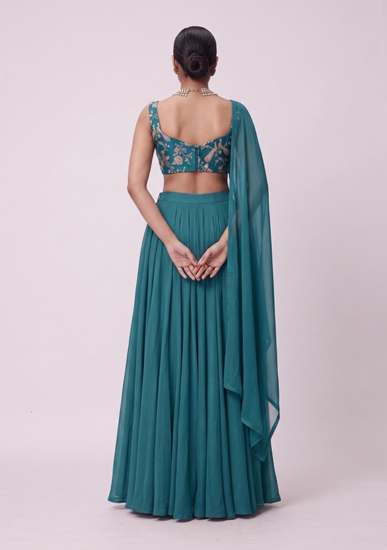 Teal Printed Crepe Lehenga Set - Indya