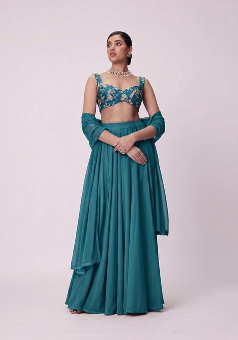 Teal Printed Crepe Lehenga Set