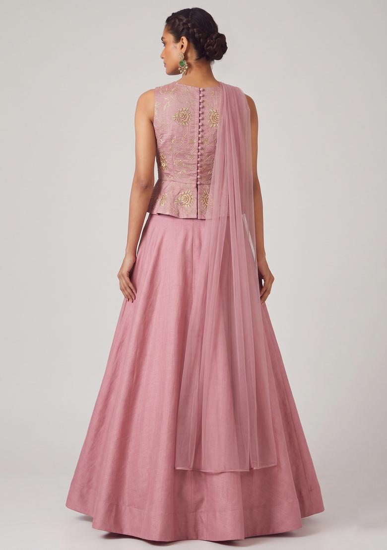 Dusty Pink Embroidered Crepe Lehenga Set - Indya