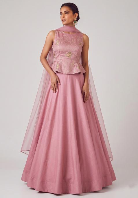 Onion Pink Embroidered Crepe Lehenga Set