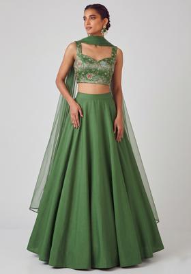 Olive Green Embroidered Crepe Lehenga Set