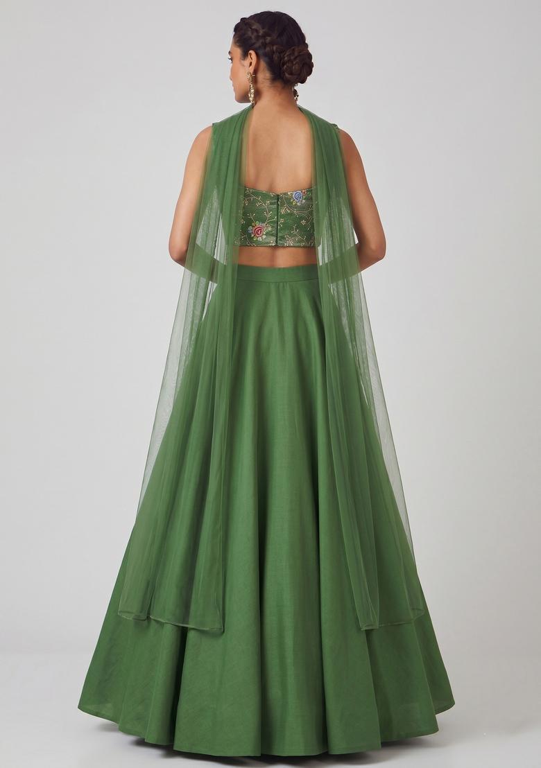 Olive Green Embroidered Crepe Lehenga Set - Indya