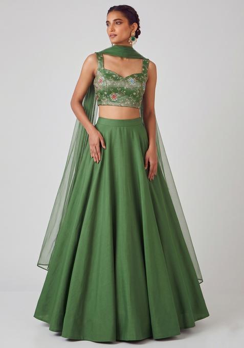 Olive Green Embroidered Crepe Lehenga Set