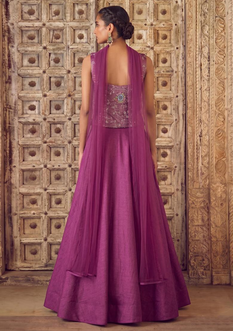 Magenta Embroidered Crepe Lehenga Set - Indya