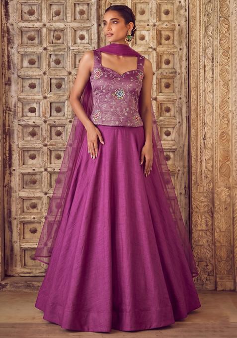 Magenta Embroidered Crepe Lehenga Set