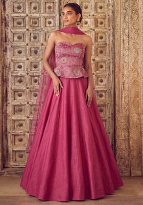 Rani Pink Embroidered Crepe Lehenga Set