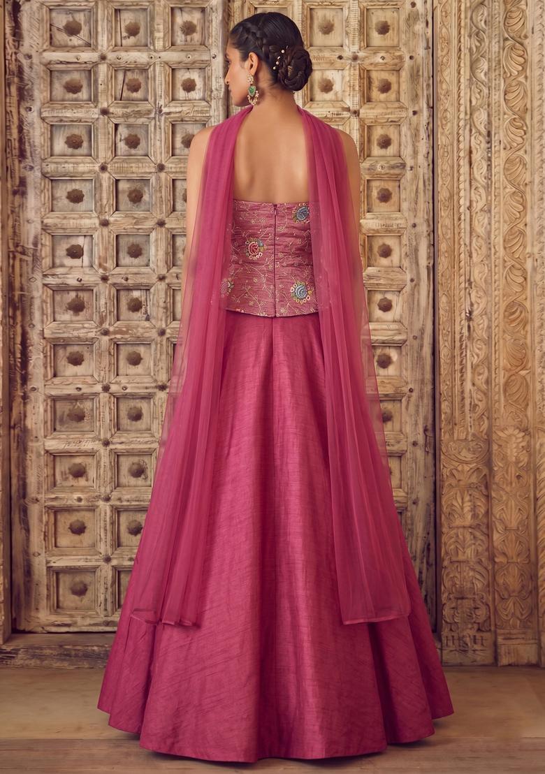 Rani Pink Embroidered Crepe Lehenga Set - Indya