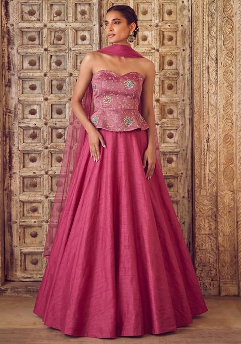 Rani Pink Embroidered Crepe Lehenga Set