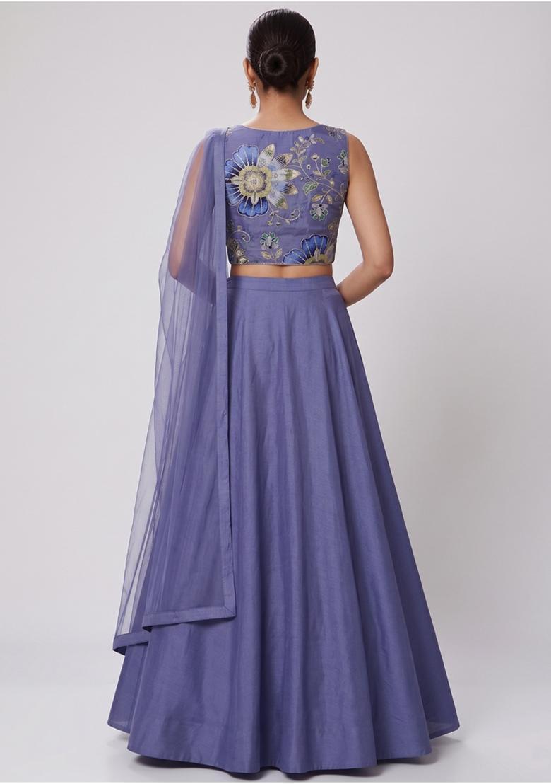 Periwinkle Blue Embroidered Organza Lehenga Set - Indya