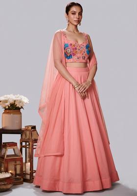 Peach Embroidered Organza Lehenga Set