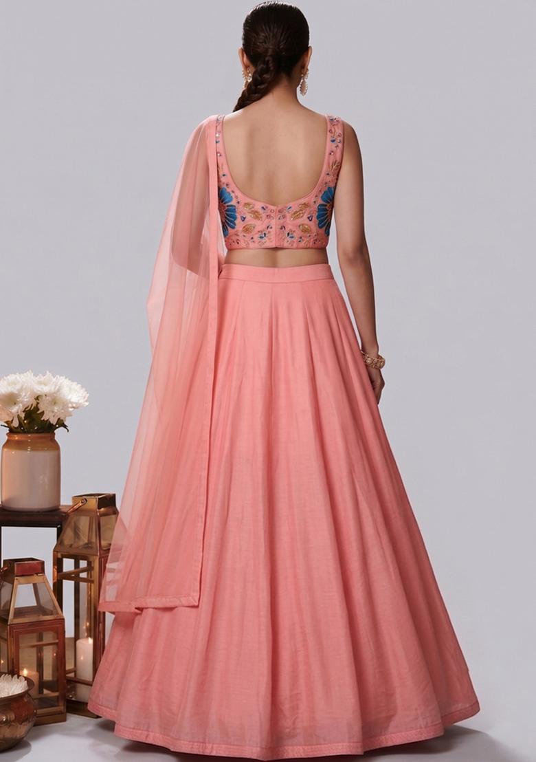 Peach Embroidered Organza Lehenga Set - Indya