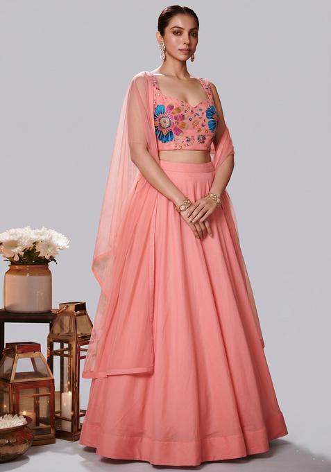 Peach Embroidered Organza Lehenga Set