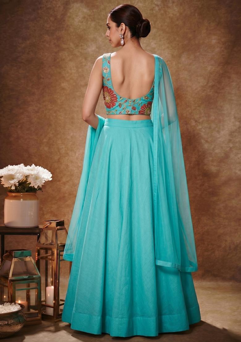 Blue Embroidered Organza Lehenga Set - Indya