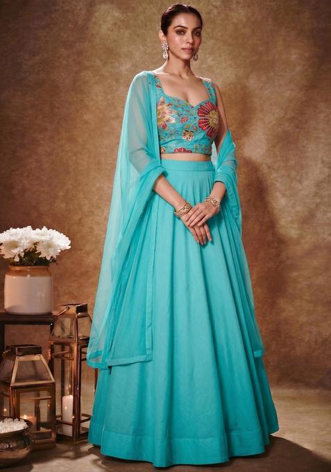 Blue Embroidered Organza Lehenga Set