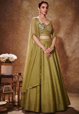 Olive Green Embroidered Organza Lehenga Set