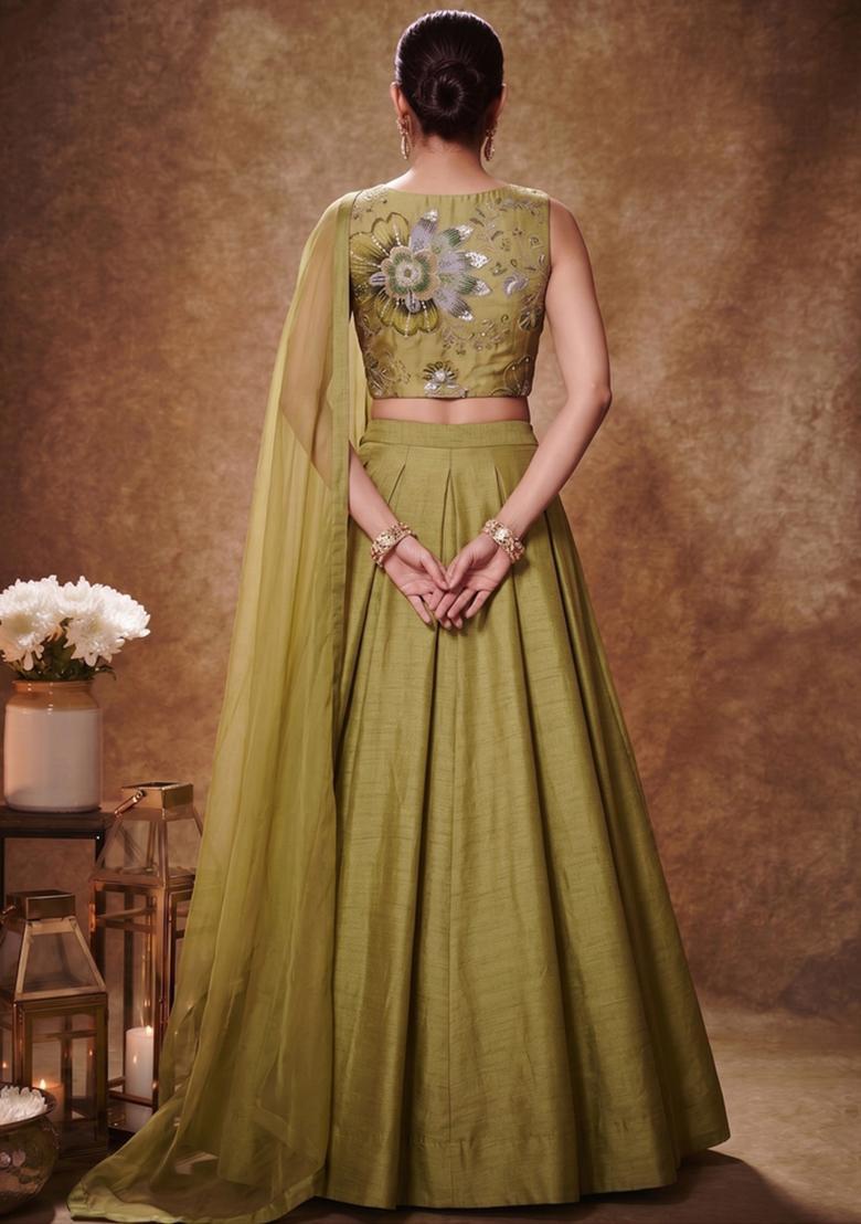 Olive Green Embroidered Organza Lehenga Set - Indya