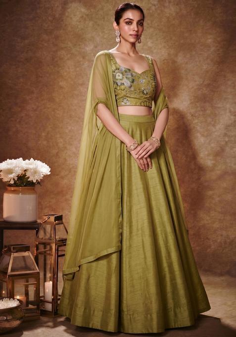 Olive Green Embroidered Organza Lehenga Set