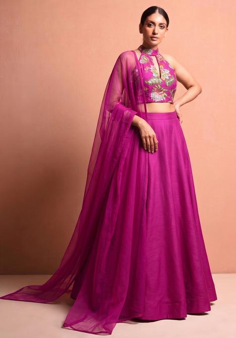 Rani Pink Embroidered Organza Lehenga Set