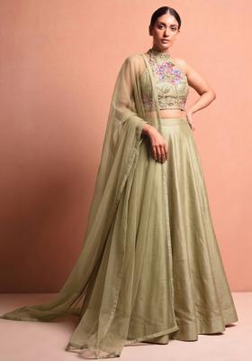 Khaki Green Embroidered Organza Lehenga Set