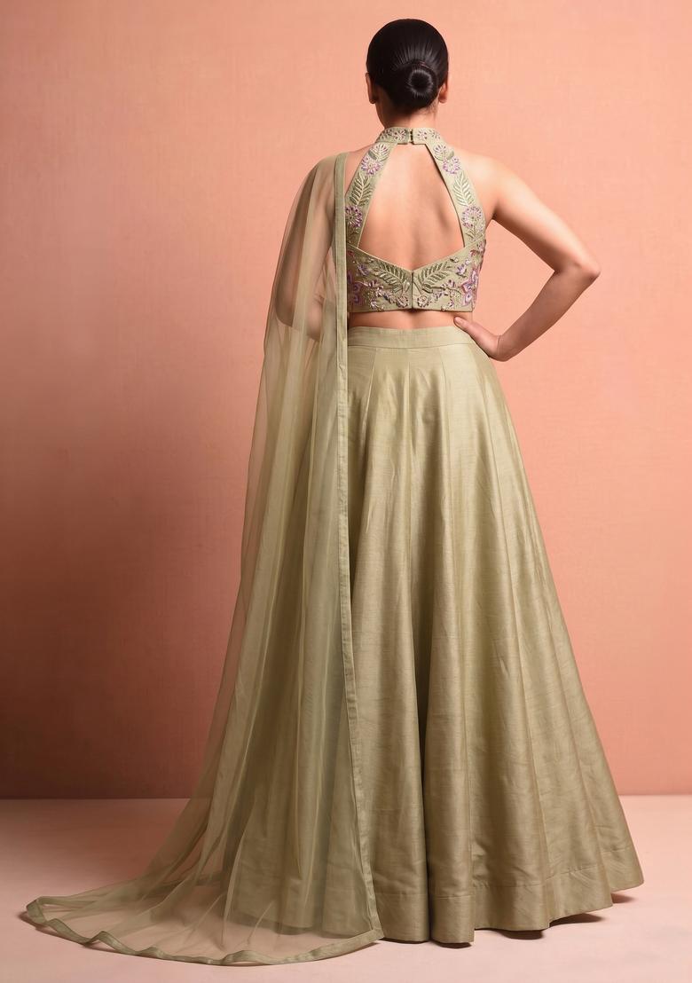 Khaki Green Embroidered Organza Lehenga Set - Indya