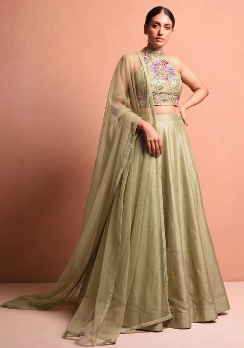Olive Green Embroidered Organza Lehenga Set