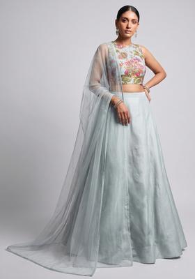 Ice Blue Embroidered Organza Lehenga Set