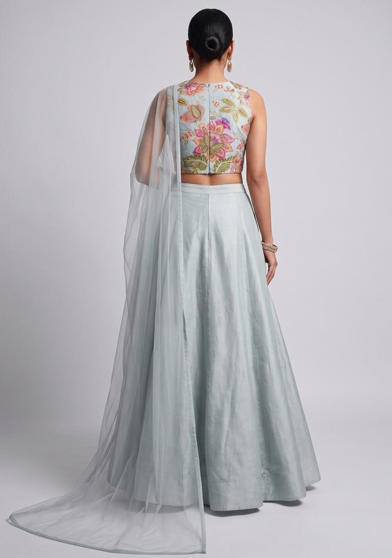 Ice Blue Embroidered Organza Lehenga Set - Indya