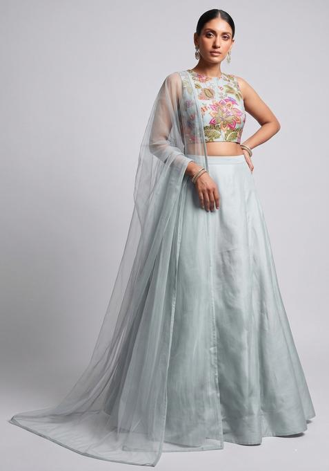 White Embroidered Organza Lehenga Set