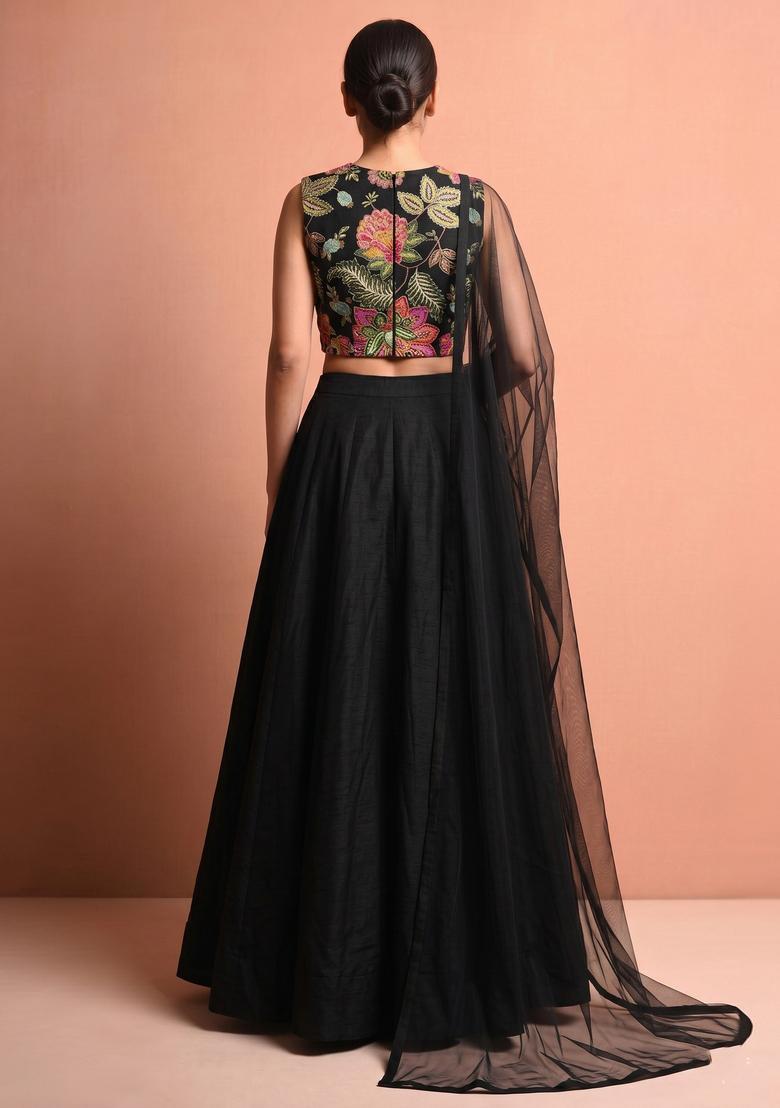 Black Embroidered Organza Lehenga Set - Indya