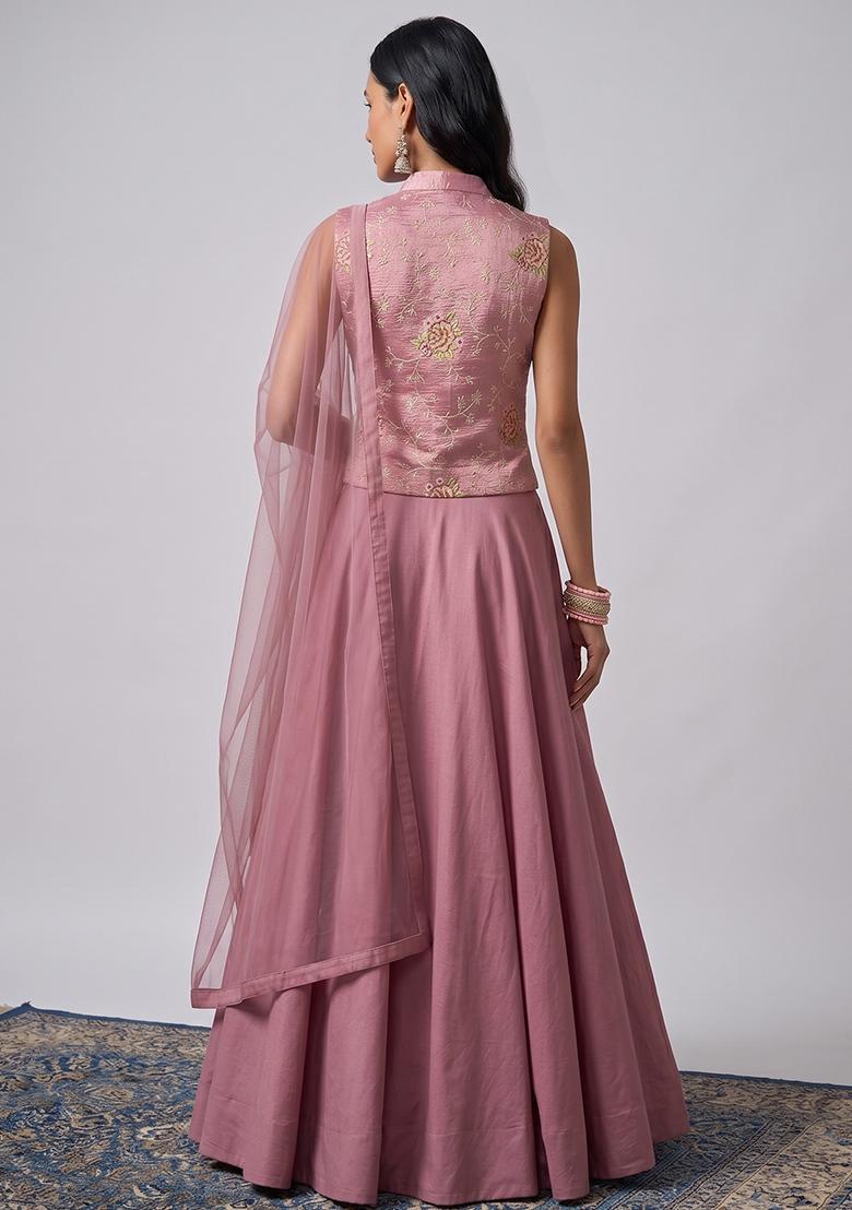 Dusty Pink Embroidered Crepe Lehenga Set - Indya