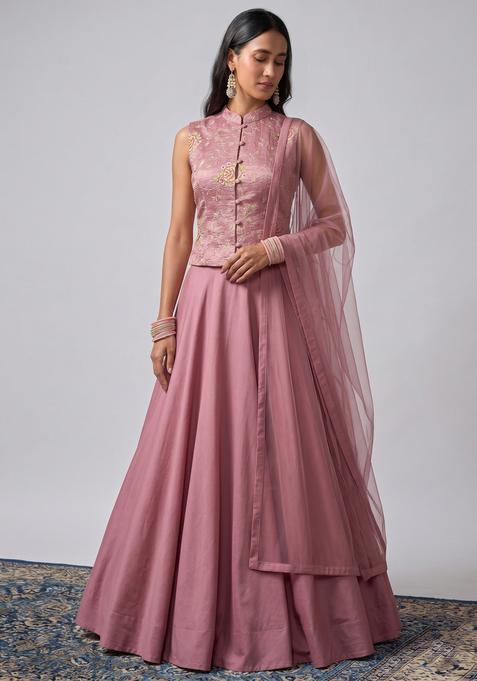 Onion Pink Embroidered Crepe Lehenga Set