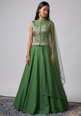 Green Embroidered Crepe Lehenga Set
