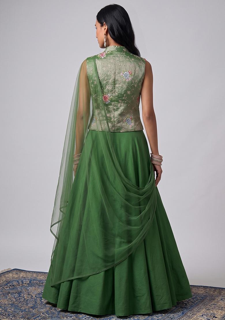 Green Embroidered Crepe Lehenga Set - Indya