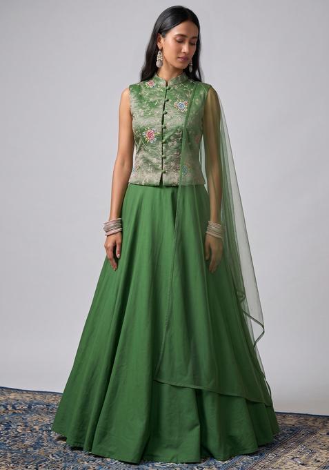 Olive Green Embroidered Crepe Lehenga Set