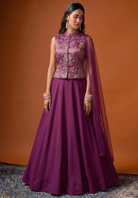 Plum Embroidered Crepe Lehenga Set