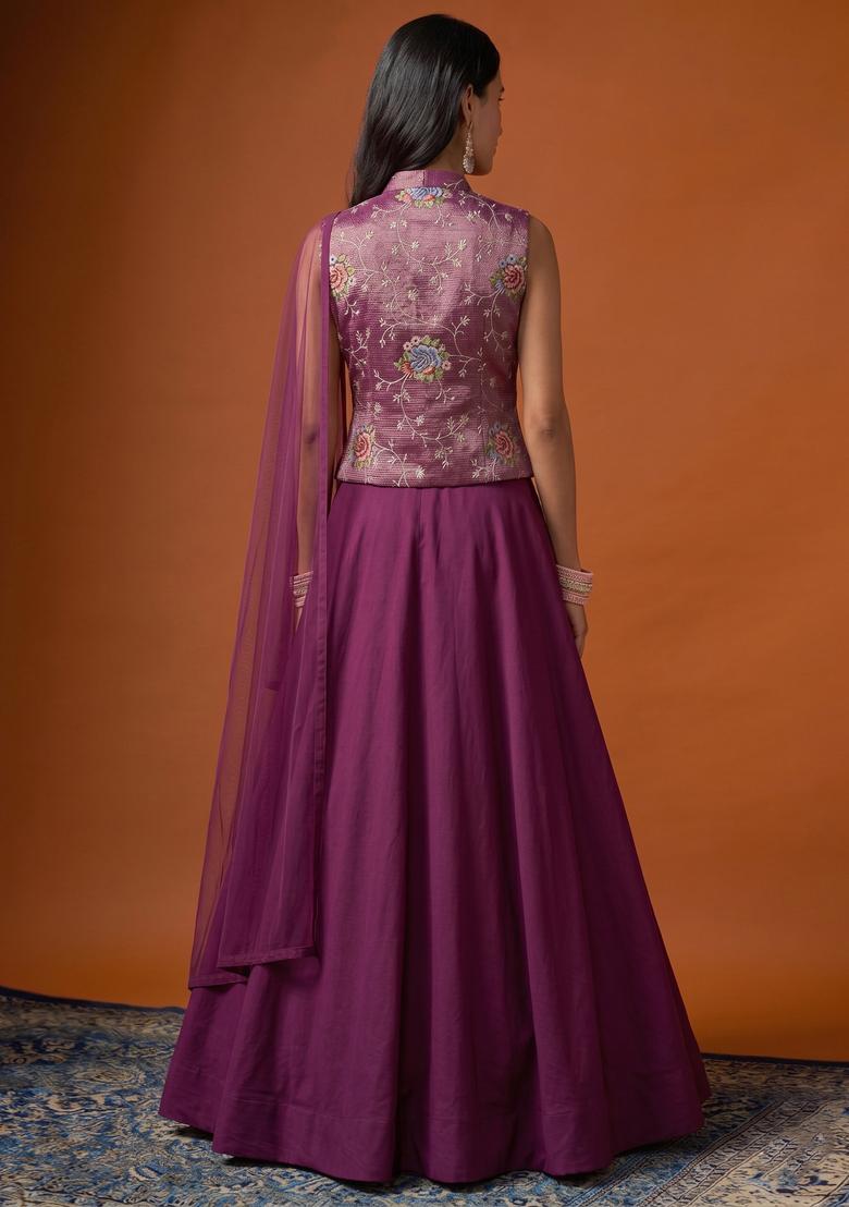Plum Embroidered Crepe Lehenga Set - Indya