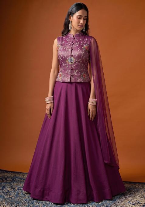 Plum Embroidered Crepe Lehenga Set