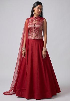 Maroon Embroidered Crepe Lehenga Set