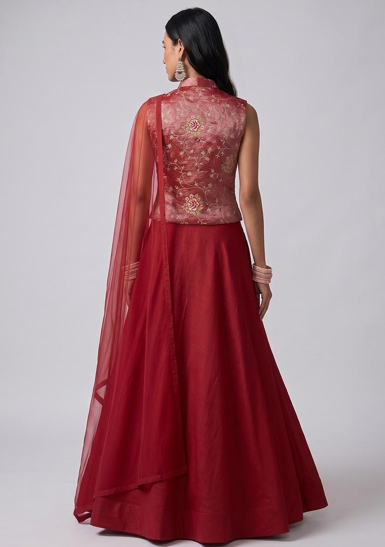 Maroon Embroidered Crepe Lehenga Set - Indya